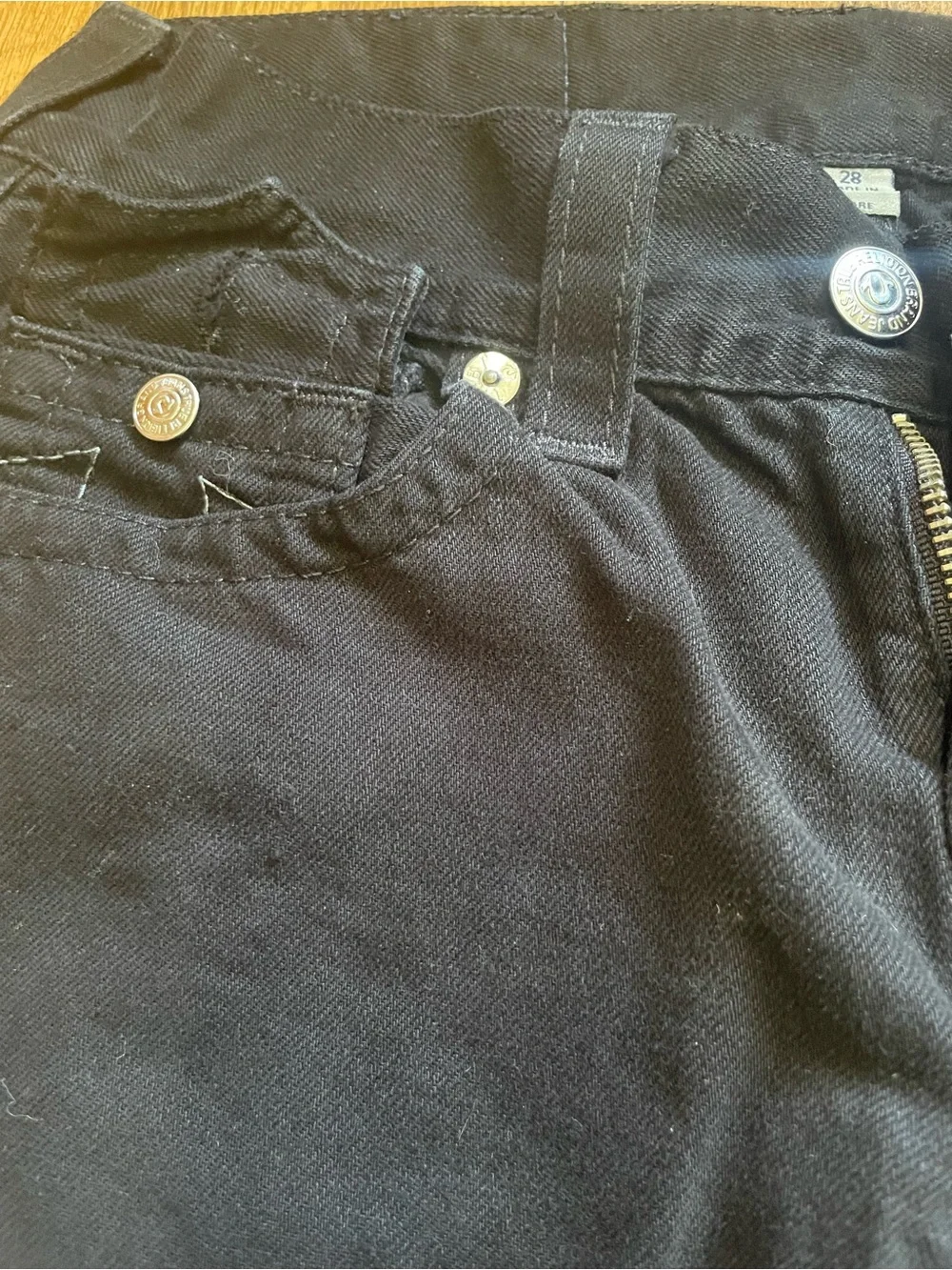 True Religion Black Jeans with White Label and Blue/Red Logo